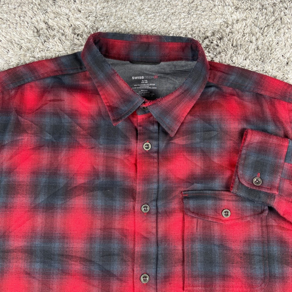 Swiss Tech Button Up Shirt Men XL Red Black Plaid Flannel Long Sleeve Stretch